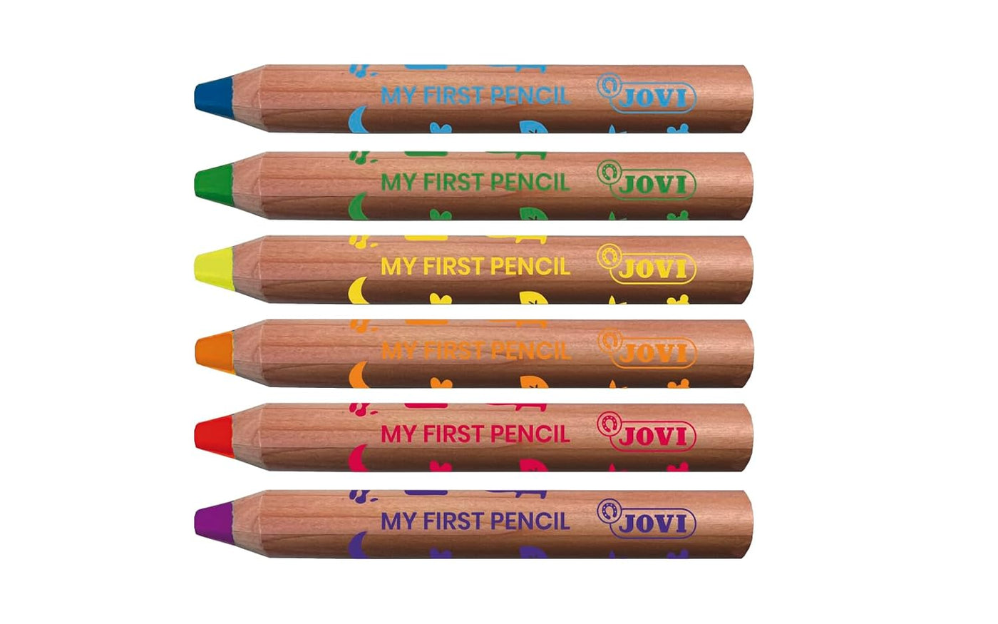 Jovi My First 6 Extra Thick Coloured Pencils for Children (12+ Months) with Sharpener – 4 - in - 1 Assorted Colours - penpencilink