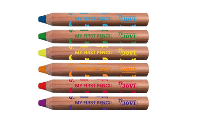 Jovi My First 6 Extra Thick Coloured Pencils for Children (12+ Months) with Sharpener – 4 - in - 1 Assorted Colours - penpencilink