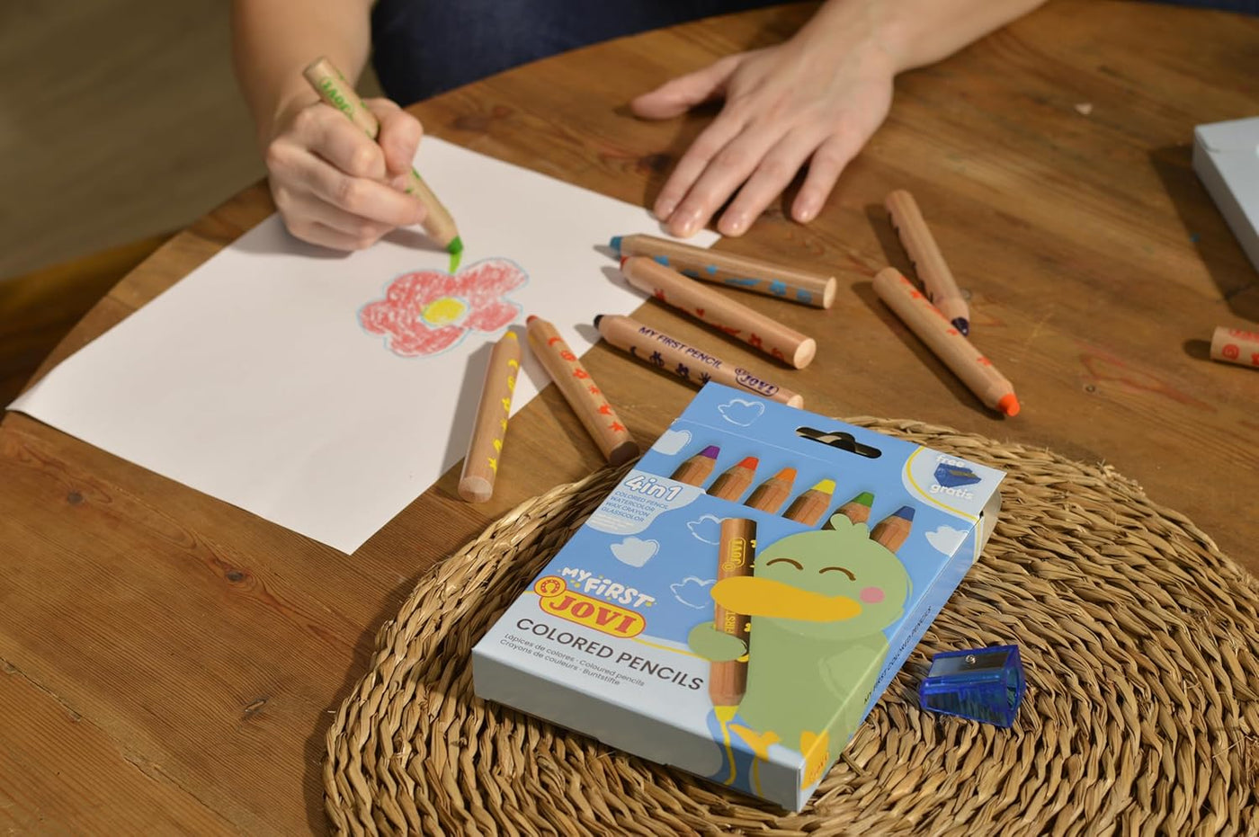 Jovi My First 6 Extra Thick Coloured Pencils for Children (12+ Months) with Sharpener – 4 - in - 1 Assorted Colours - penpencilink