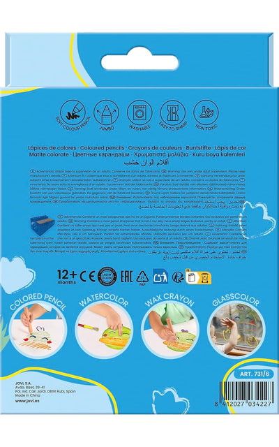 Jovi My First 6 Extra Thick Coloured Pencils for Children (12+ Months) with Sharpener – 4 - in - 1 Assorted Colours - penpencilink