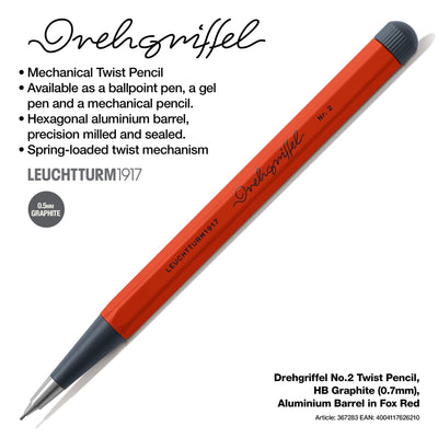 LEUCHTTURM1917 0.7mm Mechanical Clutch Pencil | Graphite HB Lead | Drehgriffel No. 2 |Fox Red | Twist Mechanism - penpencilink