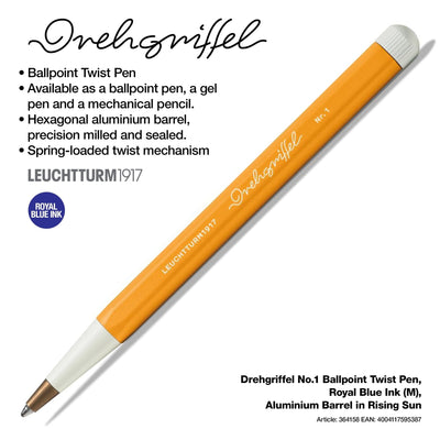 LEUCHTTURM1917 Ball Point Pen with Royal Blue Ink | Drehgriffel No. 1 | Rising Sun Orange | Twist Mechanism - penpencilink