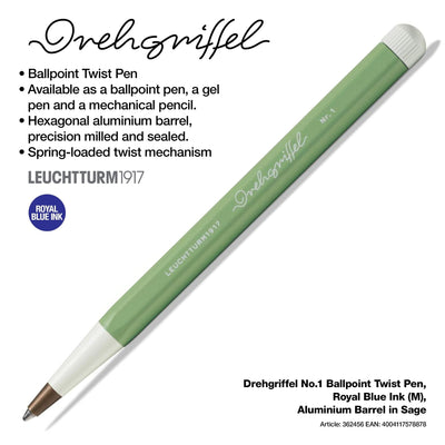 LEUCHTTURM1917 Ball Point Pen with Royal Blue Ink | Drehgriffel No. 1 | Sage Green | Twist Mechanism - penpencilink