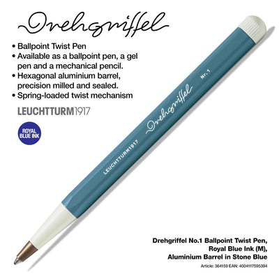 LEUCHTTURM1917 Ball Point Pen with Royal Blue Ink | Drehgriffel No. 1 | Stone Blue | Twist Mechanism - penpencilink
