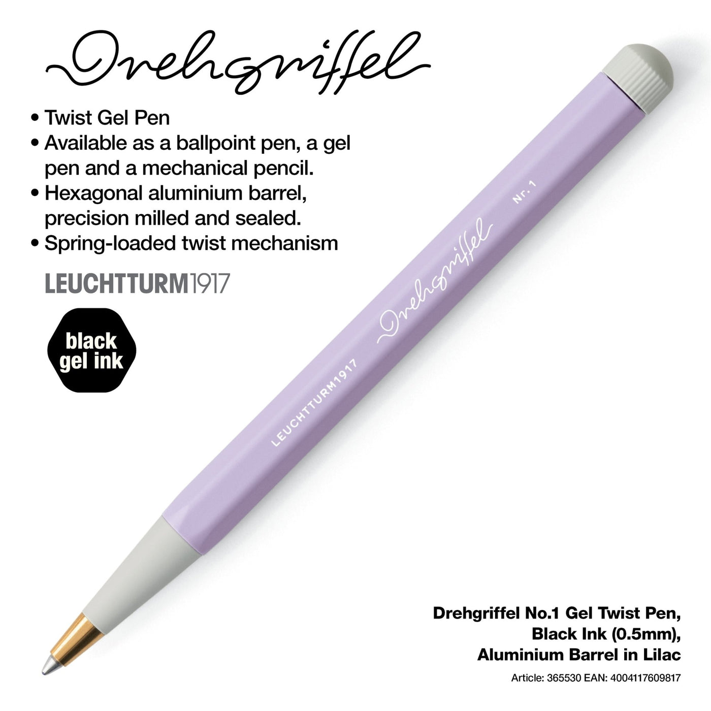LEUCHTTURM1917 Gel Pen with Document Proof Black Ink | Drehgriffel No. 1 | Lilac| Twist Mechanism - penpencilink