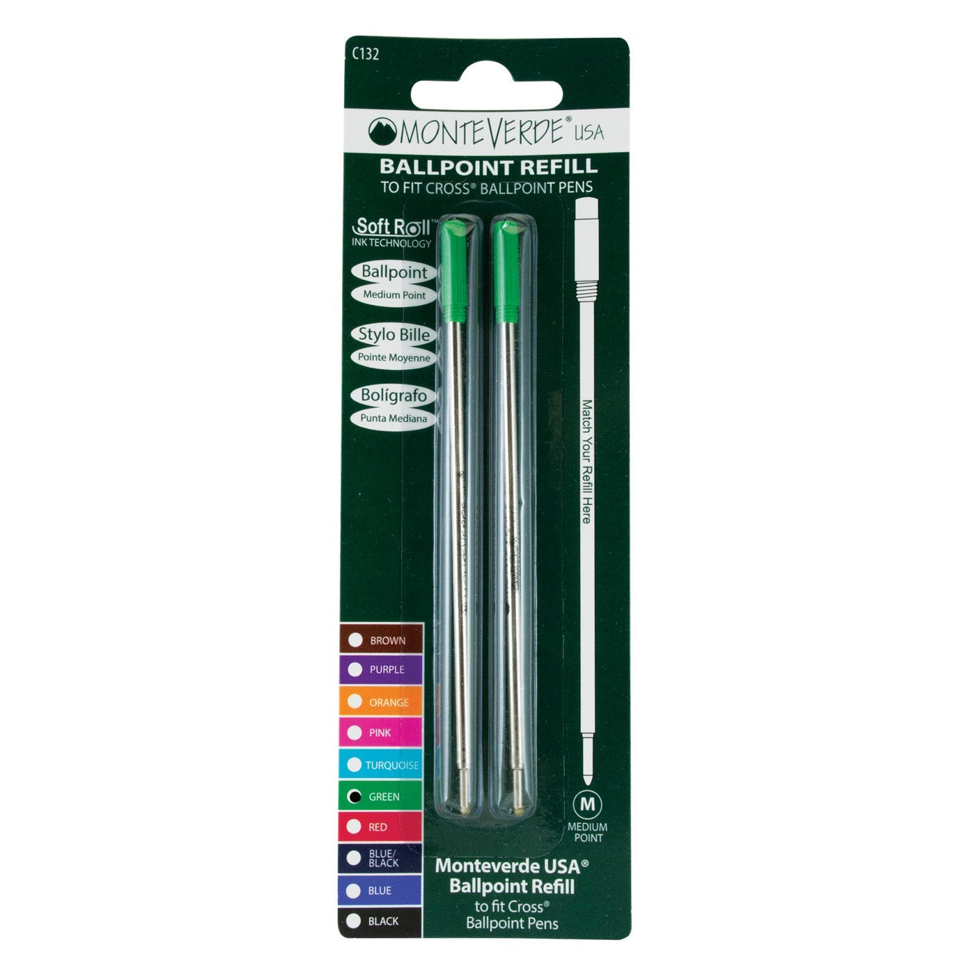Monteverde Ball Pen Refill for Cross - Medium - Green - Pack of 2 - penpencilink