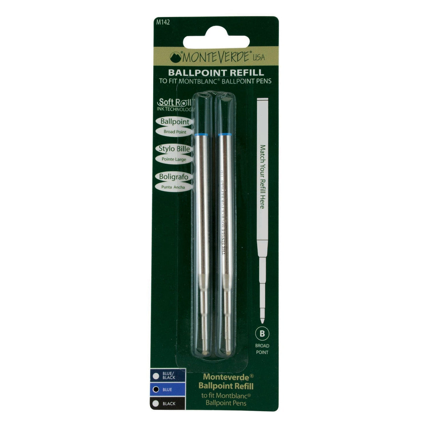 Monteverde Ball Pen Refill for Montblanc - Broad - Blue - Pack of 2 - penpencilink