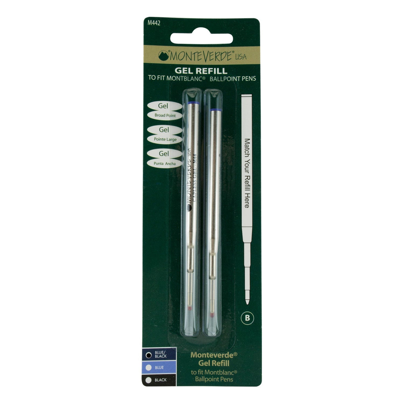 Monteverde Ceramic Gel Ball Pen Refill for Montblanc - Broad - Blue Black - Pack of 2 - penpencilink