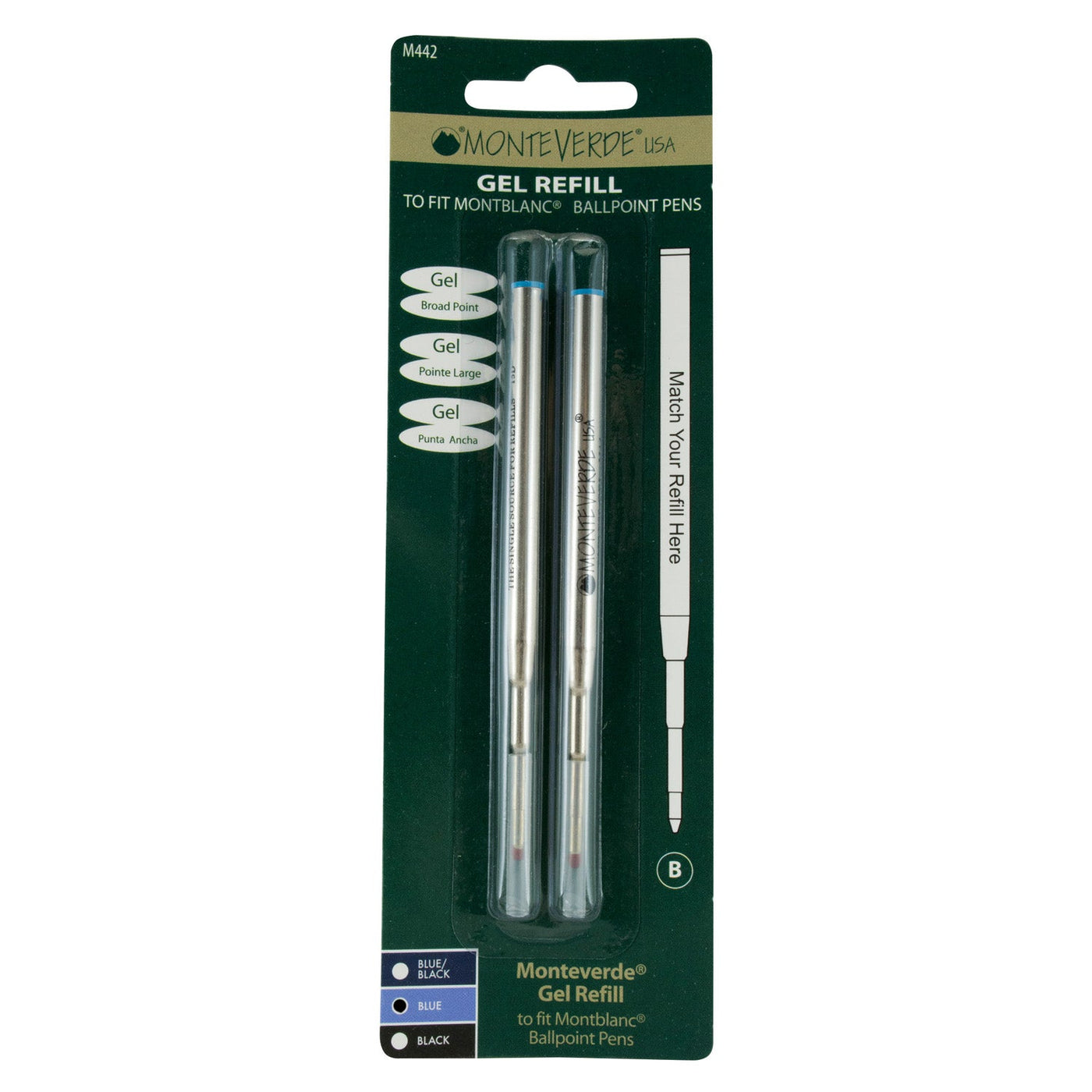 Monteverde Ceramic Gel Ball Pen Refill for Montblanc - Broad - Blue - Pack of 2 - penpencilink