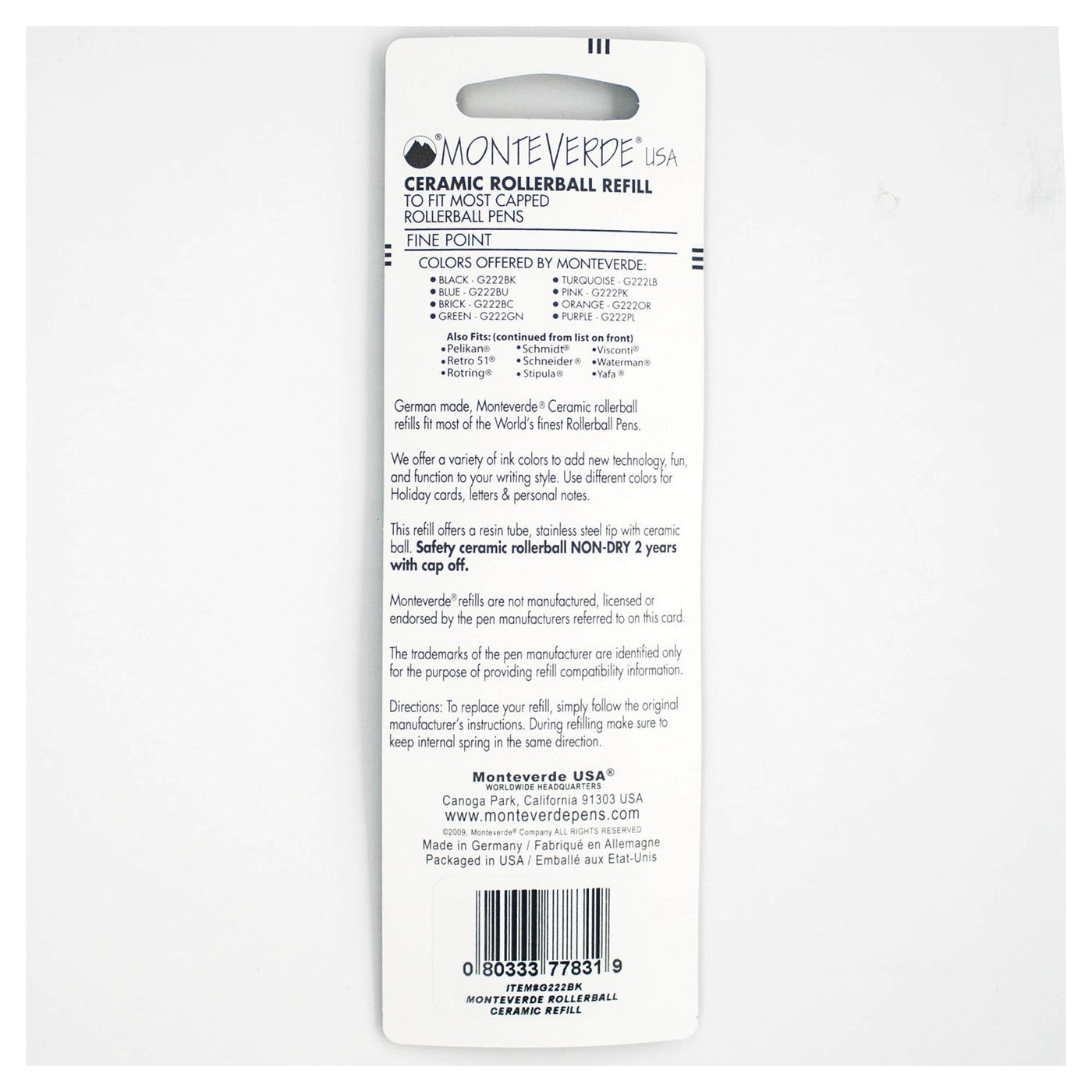 Monteverde Roller Ball Pen Refill - Fine - Blue - Pack of 2 - penpencilink