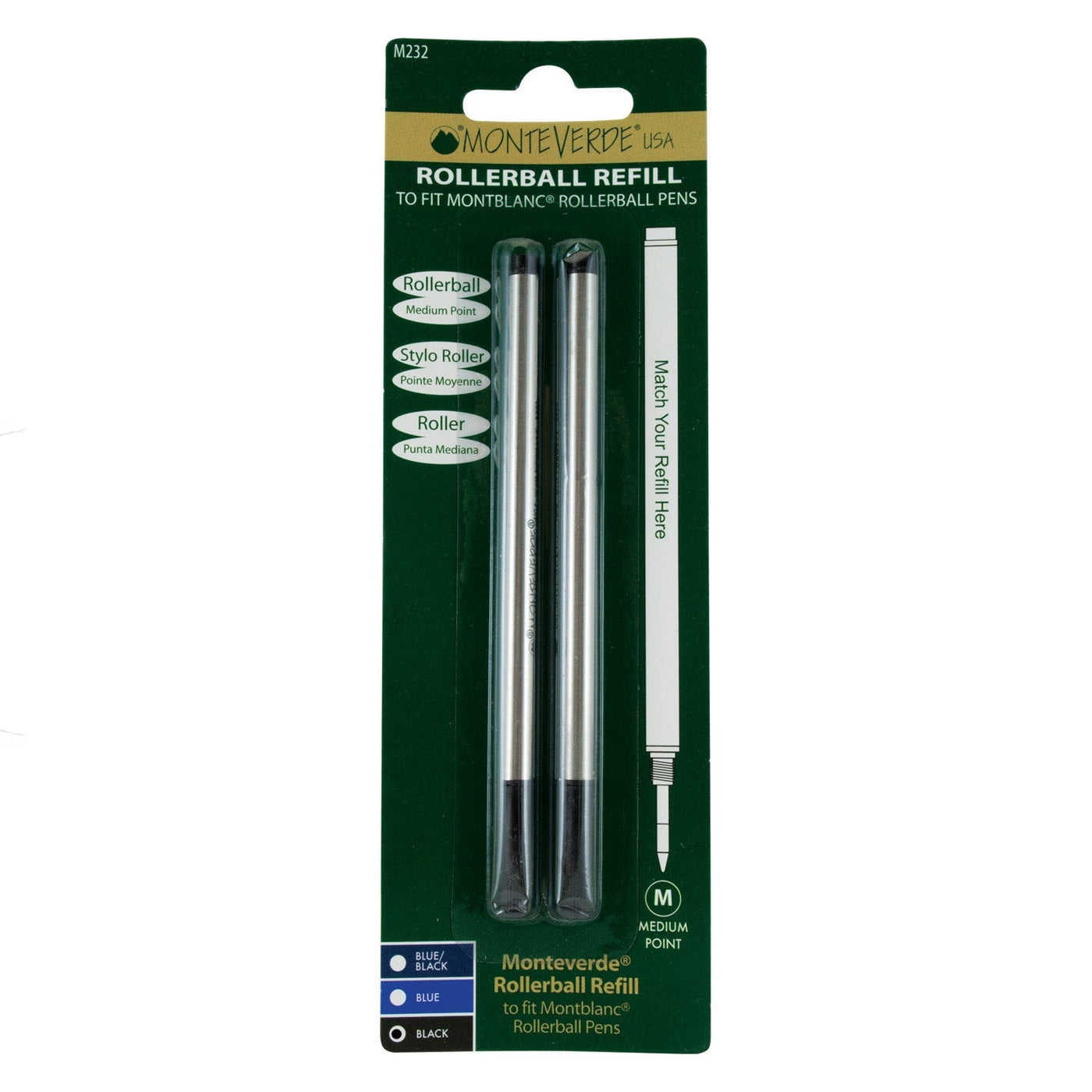 Monteverde Roller Ball Pen Refill for Montblanc - Medium - Black - Pack of 2 - penpencilink