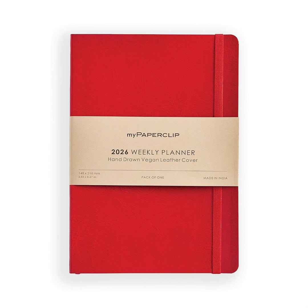myPAPERCLIP 2026 Weekly Planner | A5 Size | Italian Vegan Leather Cover | 192 Pages, 80 GSM | Red - penpencilink