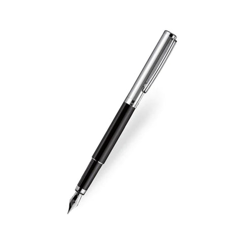 Otto Hutt Design 01 Fountain Pen Medium Nib With Pinstripe Pattern, Black Lacquer Barrel, Platinum Plated Fittings and Cap made of Sterling Silver