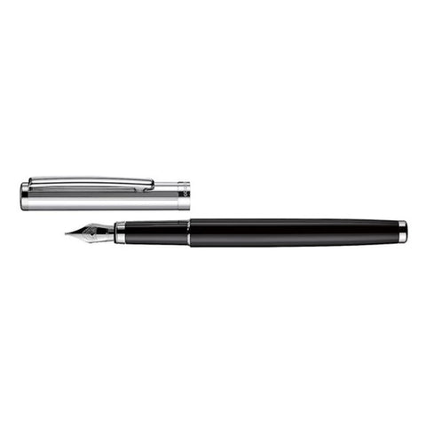 Otto Hutt Design 01 Fountain Pen Medium Nib With Pinstripe Pattern, Black Lacquer Barrel, Platinum Plated Fittings and Cap made of Sterling Silver