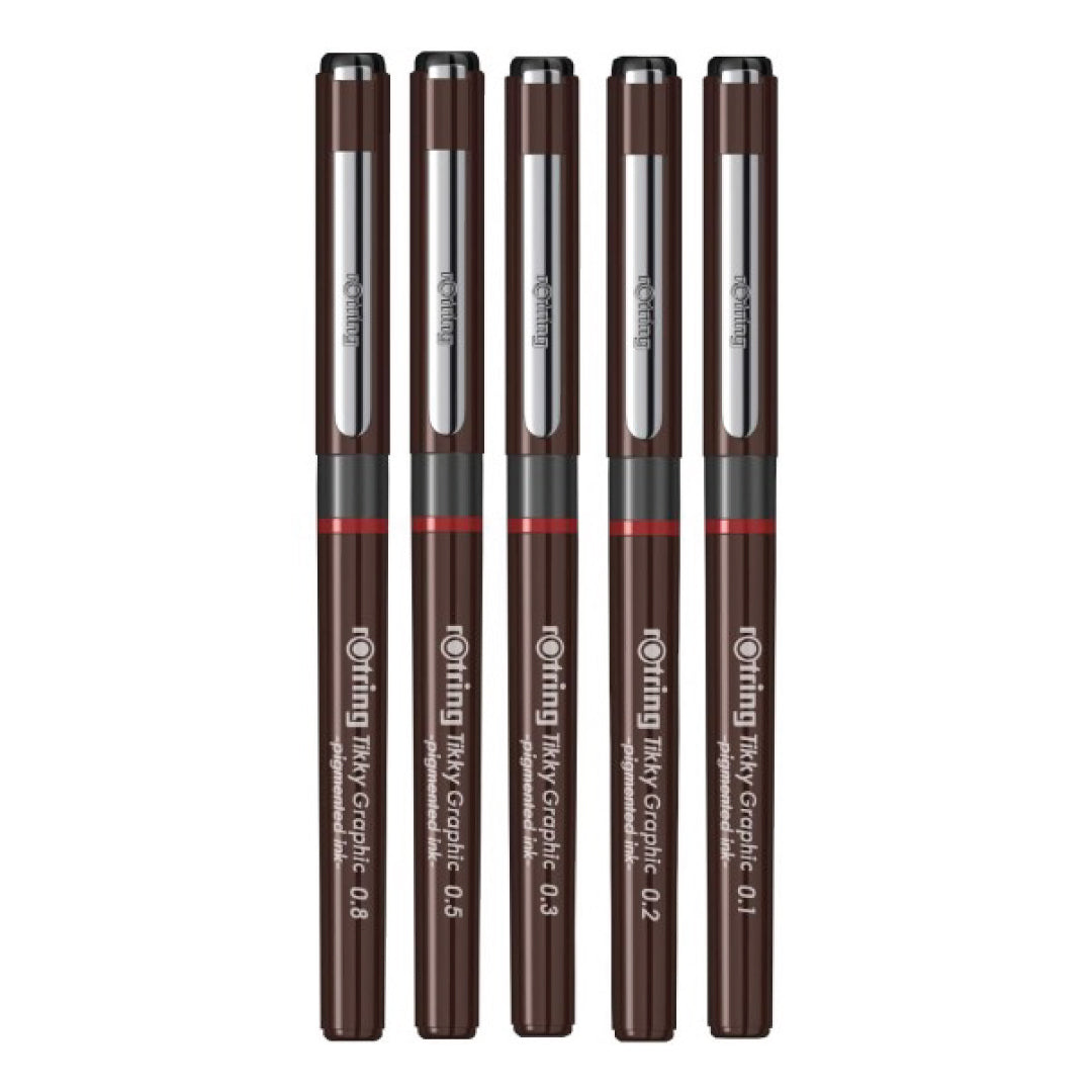 Rotring 0.1mm, 0.2mm, 0.3mm, 0.5mm, 0.8mm Line Thickness Tikky Graphic Fineliner with Black Pigmented Lightfast And Water Resistant Ink For Long Life Drawings, Sketching, Non-Refillable, 5 Pen Set