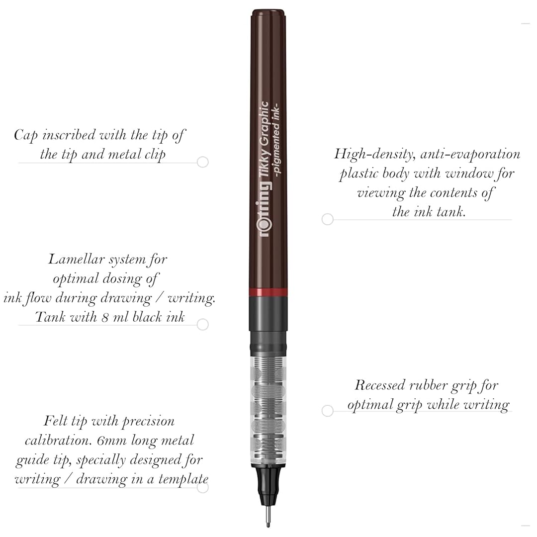 Rotring | Tikky | Graphic Fineliner | Black Pigment Lightfast | 0.1, 0.2 | 6 Pen Set | 3 Each