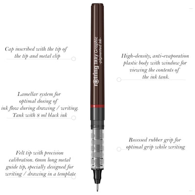 Rotring | Tikky | Graphic Fineliner | Black Pigment Lightfast | 0.1, 0.2 | 6 Pen Set | 3 Each