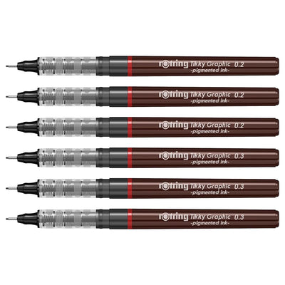 Rotring | Tikky | Graphic Fineliner | Black Pigment Lightfast | 0.2mm 0.3mm | 6 Pen Set | 3 Each