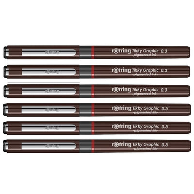Rotring | Tikky | Graphic Fineliner | Black Pigment Lightfast | 0.3mm, 0.5mm | 6 Pen Set | 3 Each