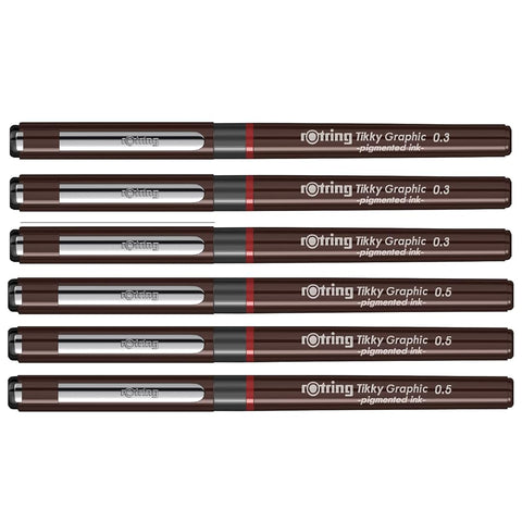 Rotring | Tikky | Graphic Fineliner | Black Pigment Lightfast | 0.3mm, 0.5mm | 6 Pen Set | 3 Each