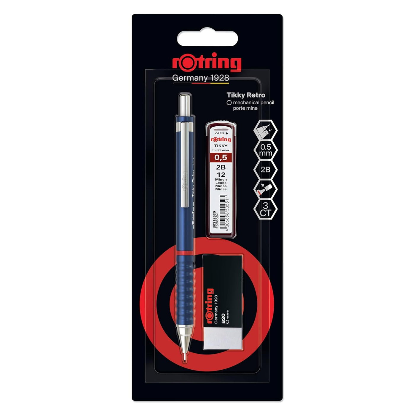 Rotring Tikky Retro Mechanical Pencil 0.5mm – Blue | 2B Leads + Tikky 30 Eraser - penpencilink