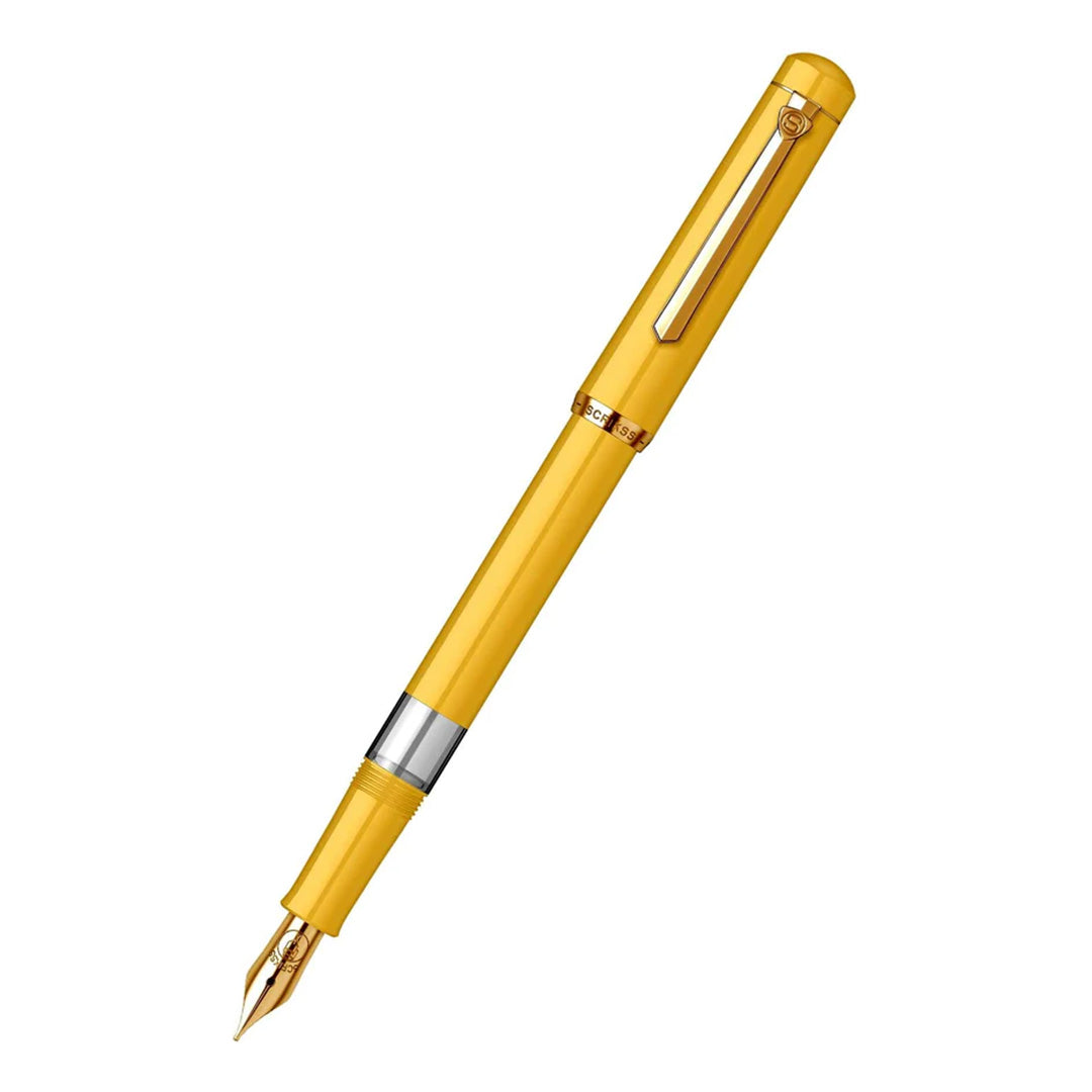 Scrikss 419 Legendary Fountain Ink Pen with Gold Plated Iridium Medium Nib - Trims Scratch Resistant Acrylic Glossy Yellow Barrel - Screw Cap, Piston Ink Filling System