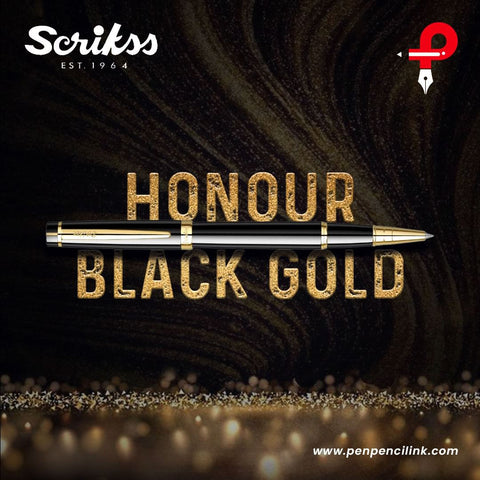 Scrikss | Honour 38 | Glossy Black | Roller Ball Point Pen | Gold Trims