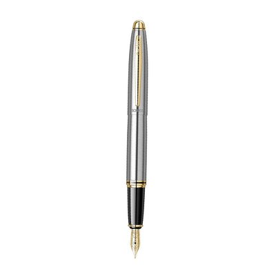 Scrikss Knight 88 Satin SS Fountain Ink Pen With Medium Size Nib, Satin Stainless Steel Cap, Gold Trims, Mounted Converter, Smooth Writing Office Corporate Gifting Professionals Students