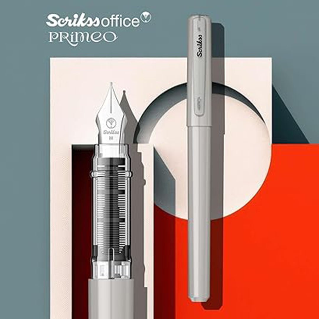 Scrikss Primeo Medium Nib Fountain Pen | 3 Cartridges Included | Stainless Steel Nib & ABS Body | Grey | in Blister Pack - penpencilink