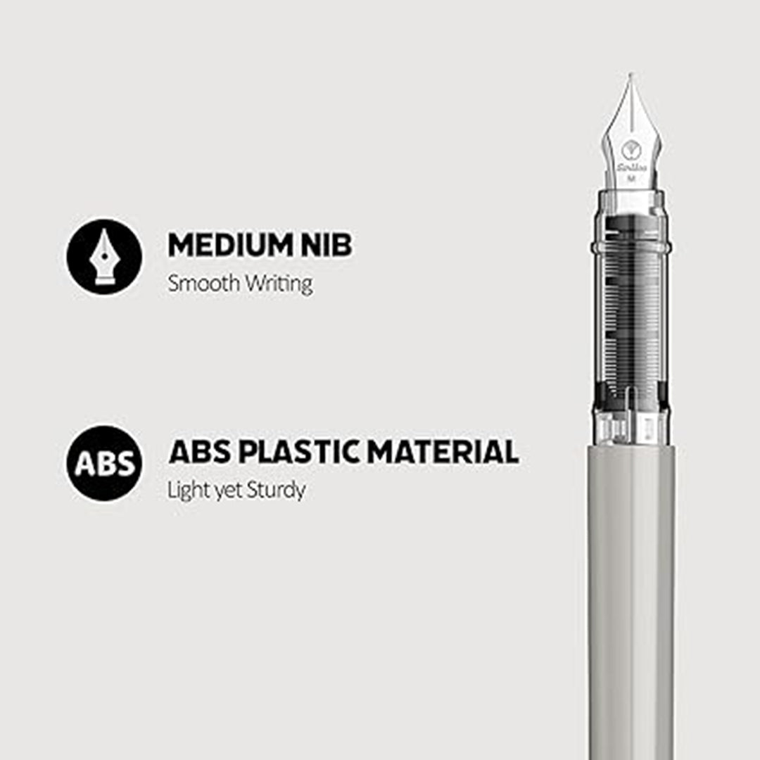 Scrikss Primeo Medium Nib Fountain Pen | 3 Cartridges Included | Stainless Steel Nib & ABS Body | Grey | in Blister Pack - penpencilink