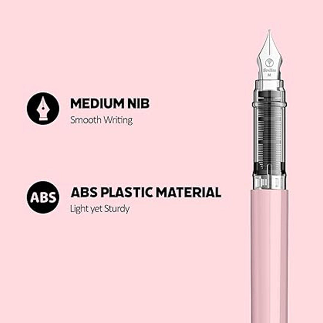 Scrikss Primeo Medium Nib Fountain Pen | 3 Cartridges Included | Stainless Steel Nib & ABS Body | Pink | in Blister Pack - penpencilink