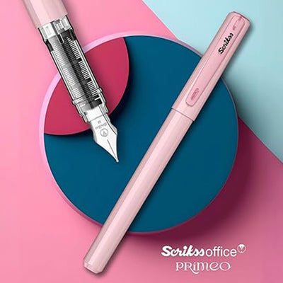 Scrikss Primeo Medium Nib Fountain Pen | 3 Cartridges Included | Stainless Steel Nib & ABS Body | Pink | in Blister Pack - penpencilink