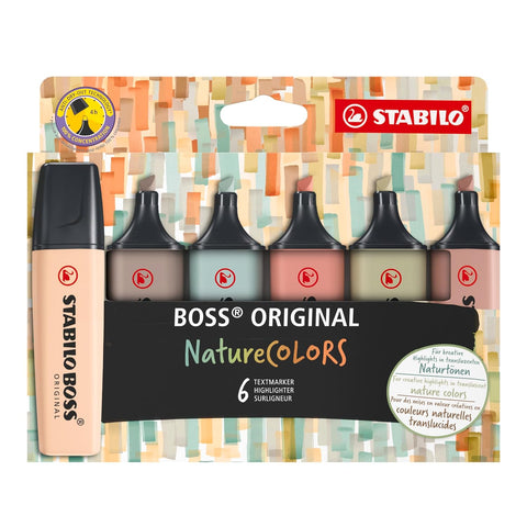 Stabilo | Boss Original Highlighter | Nature Colors | Beige, Warm Grey, Earth Green, Sienna, Mud Green, Umber | Pack of 6