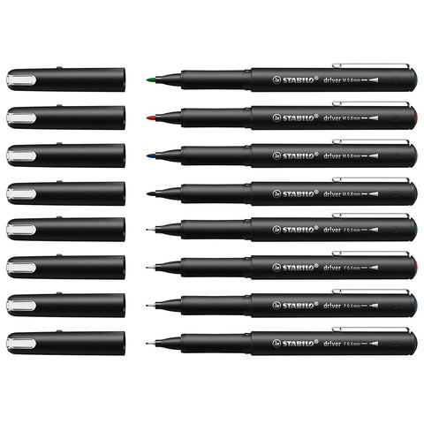 Stabilo | dr!ver Series | Premium Fineliner & Felt Tip | 32 Pens | Black, Blue, Red, Green