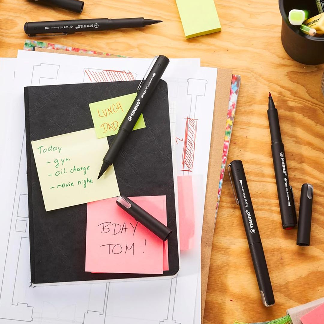 Stabilo | dr!ver Series | Premium Fineliner & Felt Tip | Pack of 4 | 0.8 MM | Black, Blue, Green, Red