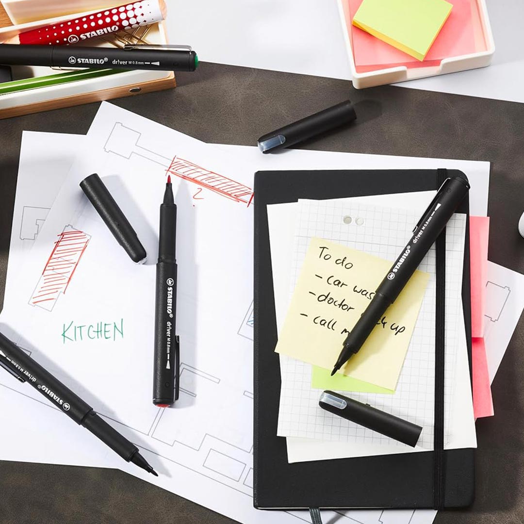 Stabilo | dr!ver Series | Premium Fineliner & Felt Tip | Pack of 4 | 0.8 MM | Black, Blue, Green, Red