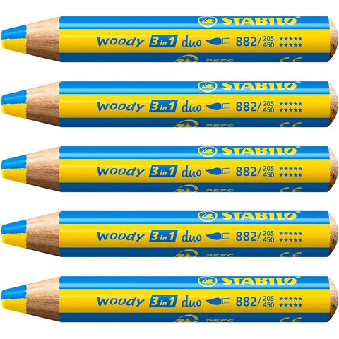 Stabilo | Multi-Talented Pencil | Woody 3 In 1 Duo | Yellow/Cyan | Pack of 5