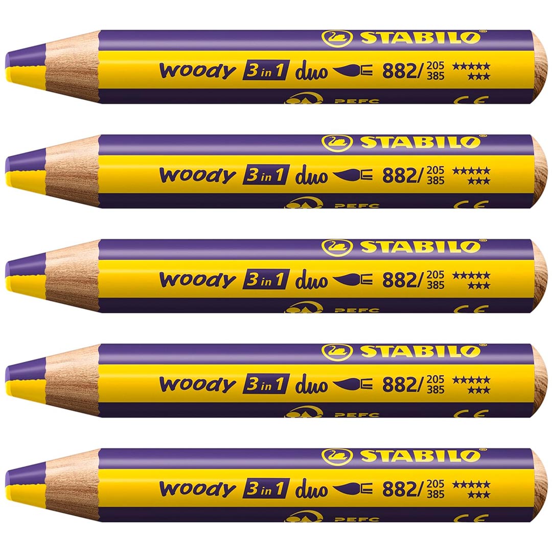 Stabilo | Multi-Talented Pencil | Woody 3 In 1 Duo | Yellow/Violet | Pack of 5