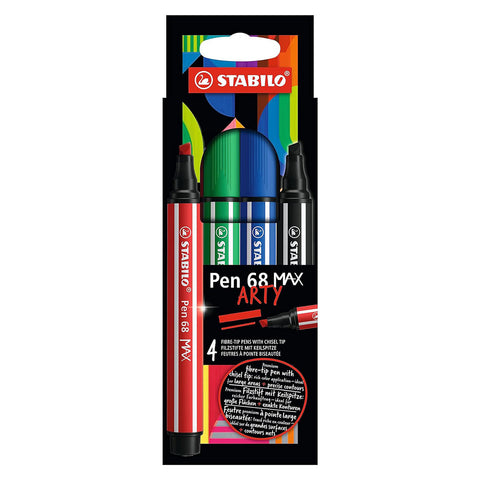 Stabilo | Pen 68 Max Arty | Premium Fibre-tip Pen | With Chisel Tip | Pack Of 4 | Assorted Colours