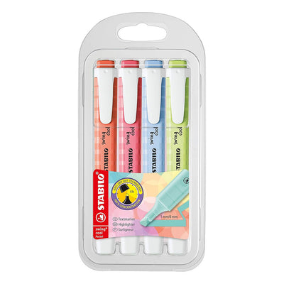 Stabilo | Swing Cool | Highlighter Pen | Pack of 4 | Cherry Blossom Pink, Dash of Lime, Cloudy Blue, Mellow Coral Red