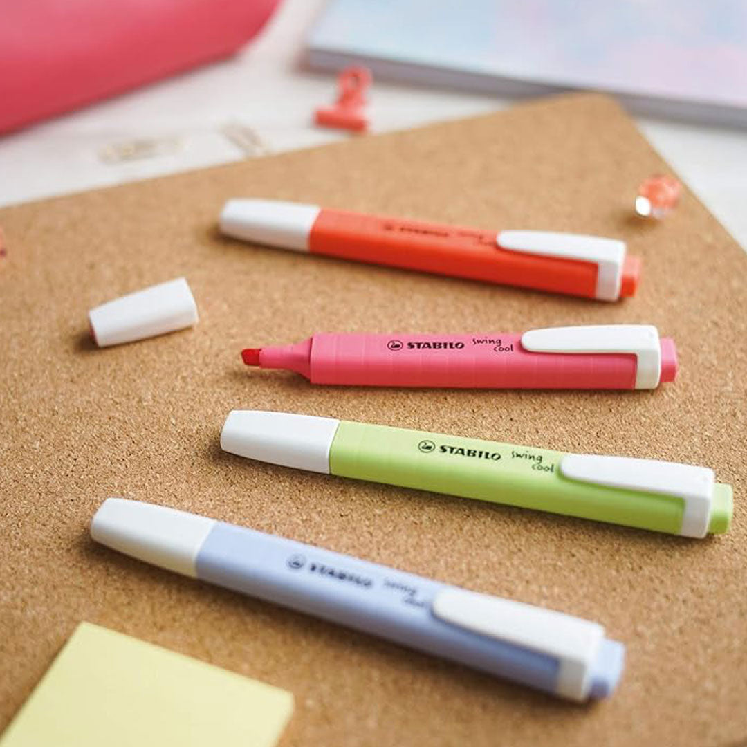 Stabilo | Swing Cool | Highlighter Pen | Pack of 4 | Cherry Blossom Pink, Dash of Lime, Cloudy Blue, Mellow Coral Red
