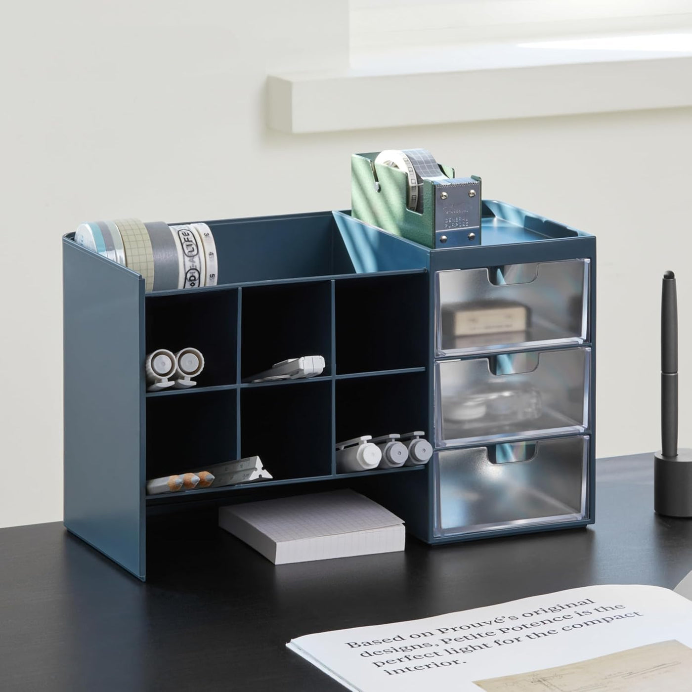 Sysmax Hive Stack Modular Desk Organizer – Persian Blue with 3 Transparent Drawers - penpencilink