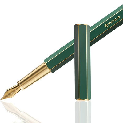 Ystudio | Fountain Pen | Green Hexogon | Classic Revolve | Brass Body | Medium Nib