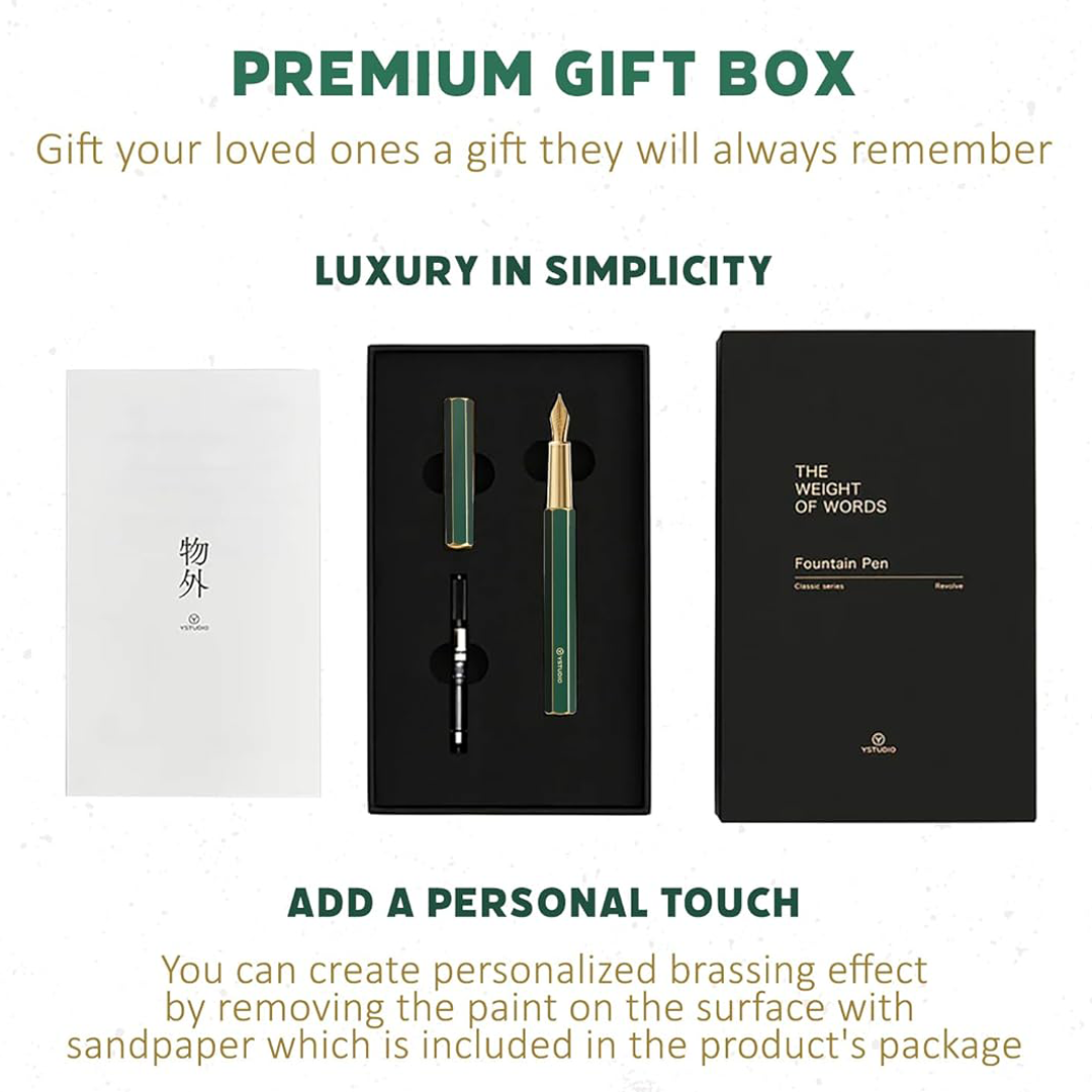 Ystudio | Fountain Pen | Green Hexogon | Classic Revolve | Brass Body | Medium Nib