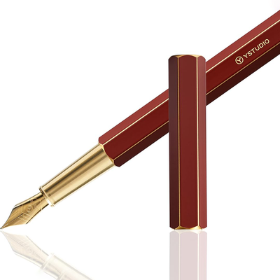 Ystudio | Fountain Pen | Red Hexogon | Classic Revolve | Brass Body | Medium Nib