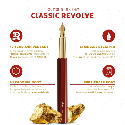 Ystudio | Fountain Pen | Red Hexogon | Classic Revolve | Brass Body | Medium Nib
