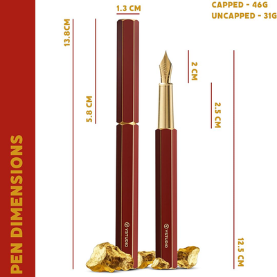 Ystudio | Fountain Pen | Red Hexogon | Classic Revolve | Brass Body | Medium Nib