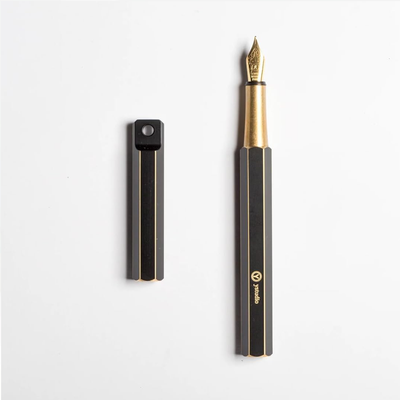 Ystudio | Portable Fountain Pen | Black Metal | Brass Body | Medium Nib | Classic Revolve Series