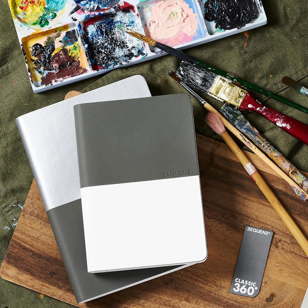 Zequenz A6 Size White Silver Notebook Squared & Blank Acid Free Paper 200 Pages each Ruling 400 Pages 70GSM 360 Degree Flexibility 100% Handmade PU and White paper Basic Plus Series - penpencilink
