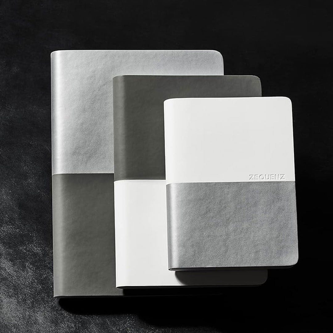 Zequenz A6 Size White Silver Notebook Squared & Blank Acid Free Paper 200 Pages each Ruling 400 Pages 70GSM 360 Degree Flexibility 100% Handmade PU and White paper Basic Plus Series - penpencilink